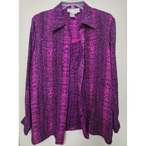 Diane Gilman Silk Button Down Shirt Tank Top Set Purple Snake Skin Rhinestones M